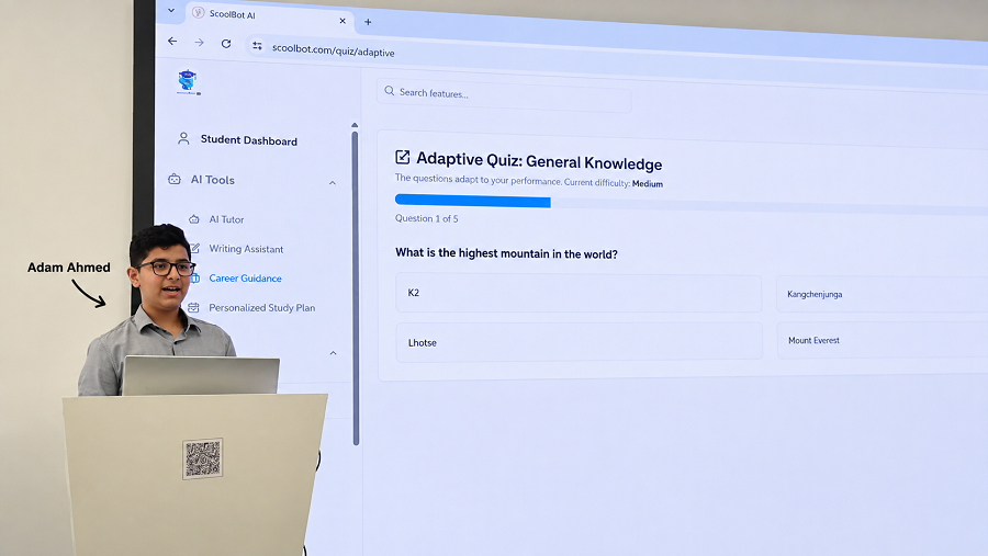 Adam Ahmed presenting ScoolBot's adaptive quiz feature at Coders HQ, part of the UAE's National Program for Coders