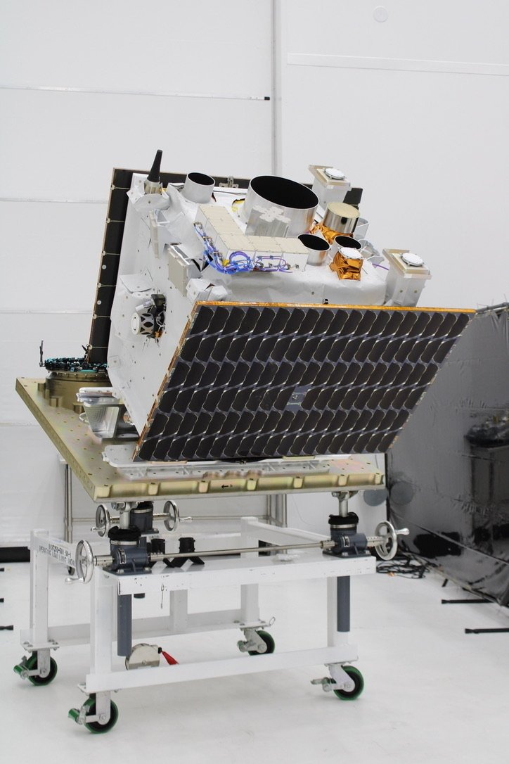 The Altair-1 satellite on a test stand at the SpaceX launch site.