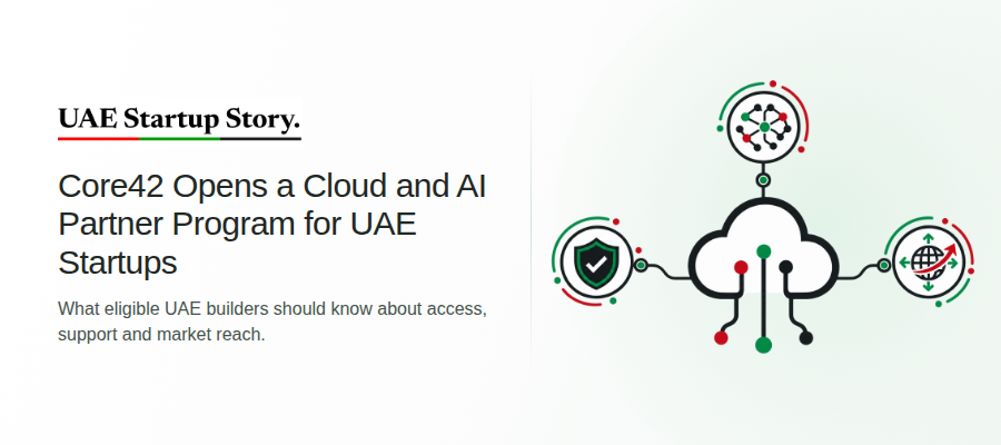 UAE Startup Story cover with the Core42 cloud and AI partner program headline and cloud, AI, security and market-reach vector icons.